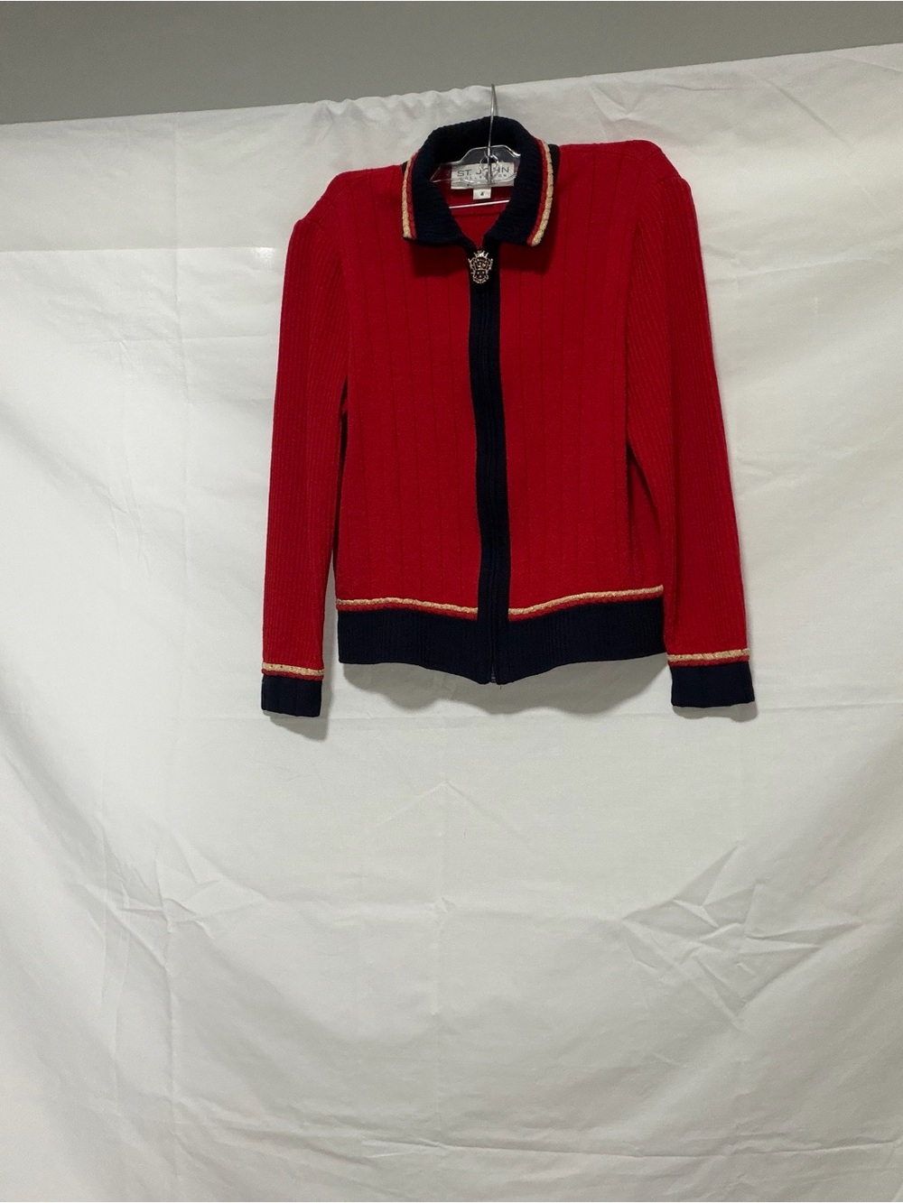 St. John Red Knit Zip-Front Jacket with Navy Trim